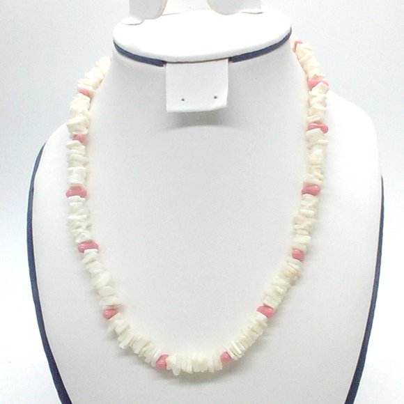 Puka Shell Necklace Pink White Chips Spring Ring - Picture 1 of 5